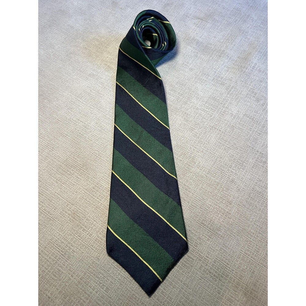 Robert Stock Tie Mens Silk Green Navy Yellow Repp Stripe Necktie Made in USA
